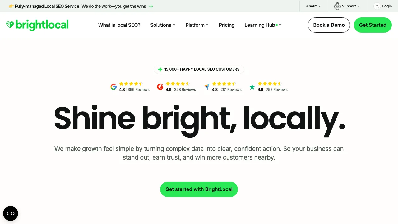 BrightLocal homepage showing its local SEO platform and customer ratings
