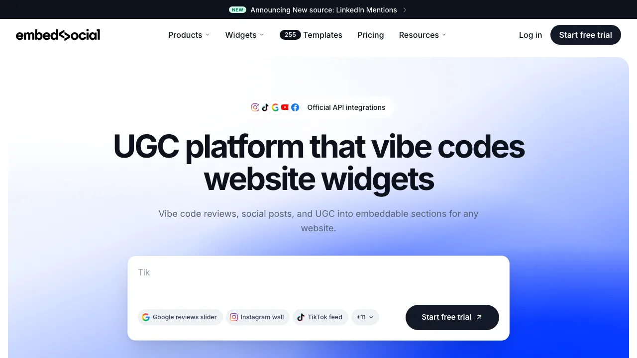 EmbedSocial homepage showing its UGC platform that builds website review widgets