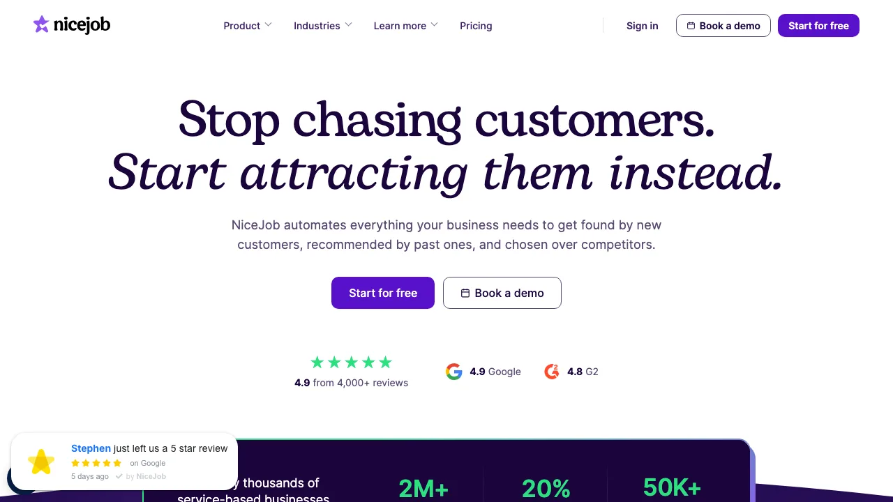 NiceJob homepage showing automated review collection for service businesses