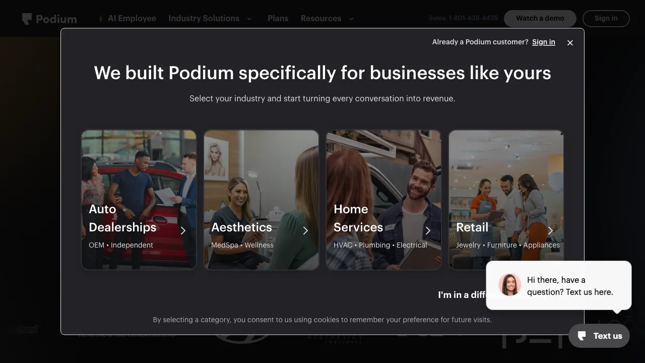 Podium homepage showing its industry selector for auto, aesthetics, home services and retail