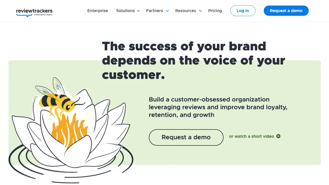 ReviewTrackers homepage showing its review analytics and customer experience platform