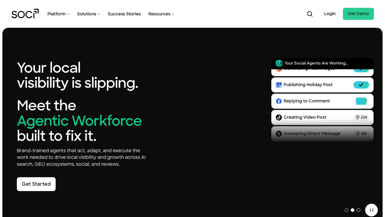 SOCi homepage showing its agentic workforce for local brand visibility