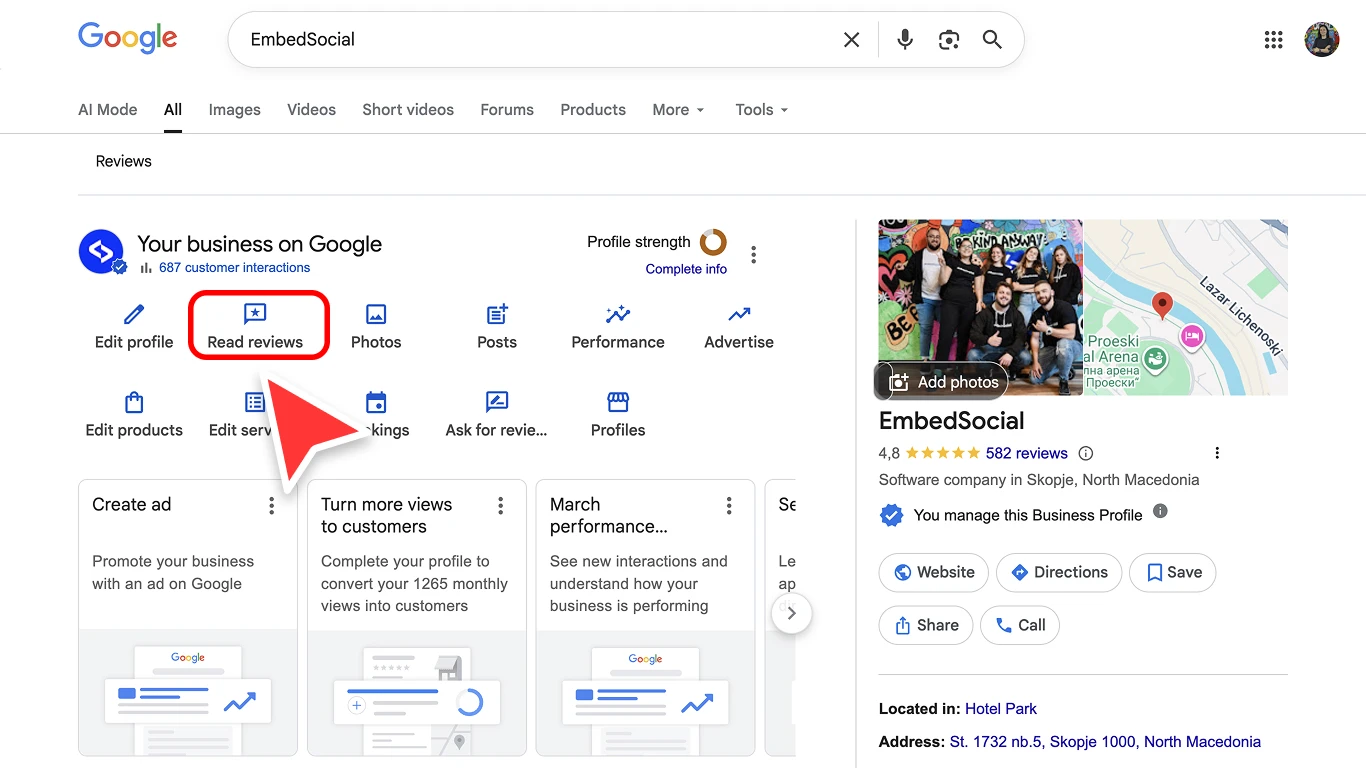 Viewing Google reviews inside the native Google Business Profile dashboard