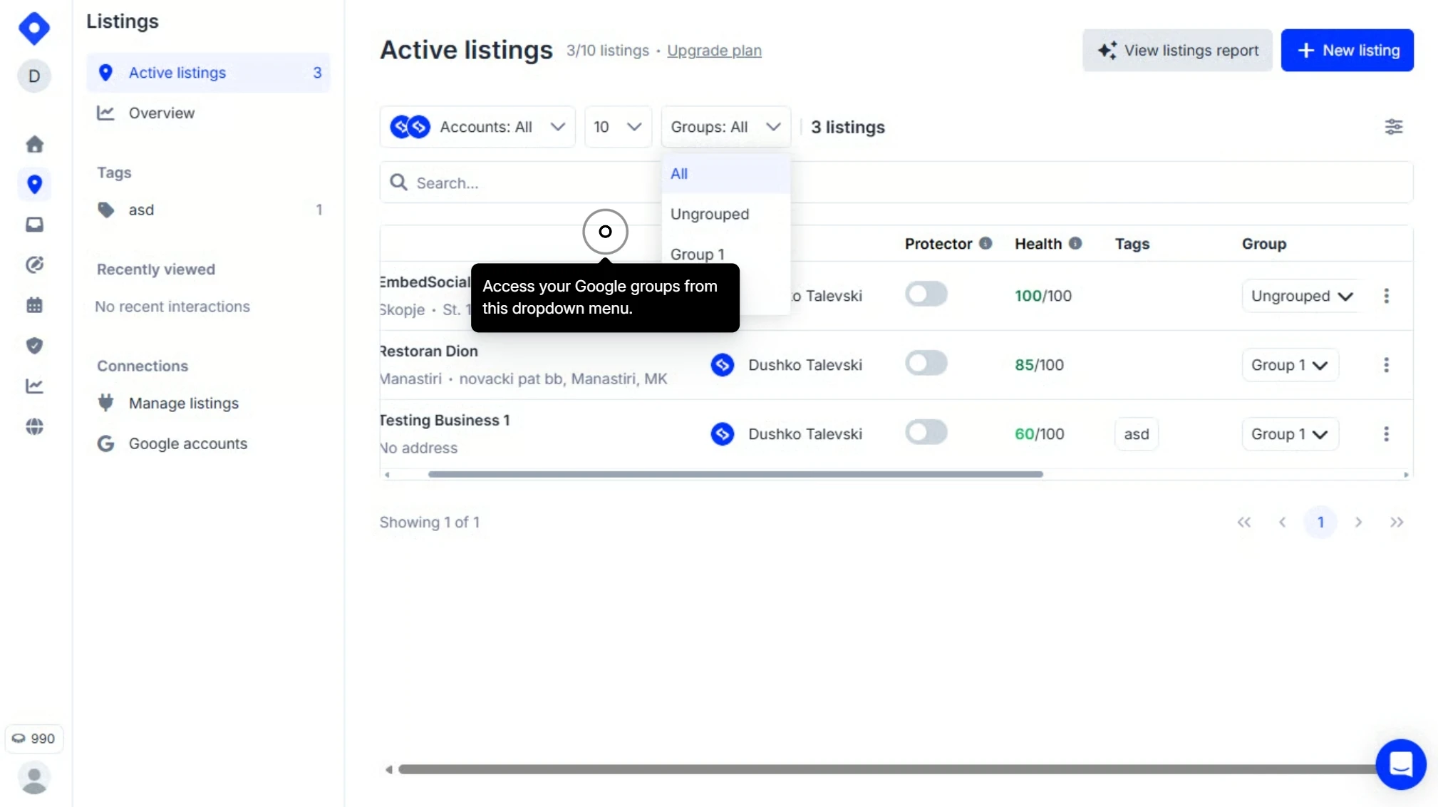 Gruppi importati nella dashboard delle schede Localith