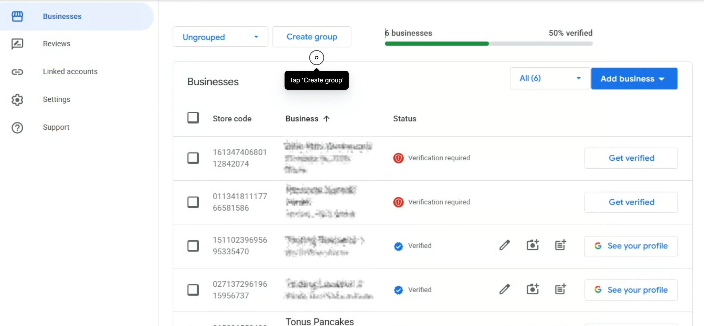 Opzione per creare un gruppo in Google Business Profile Manager