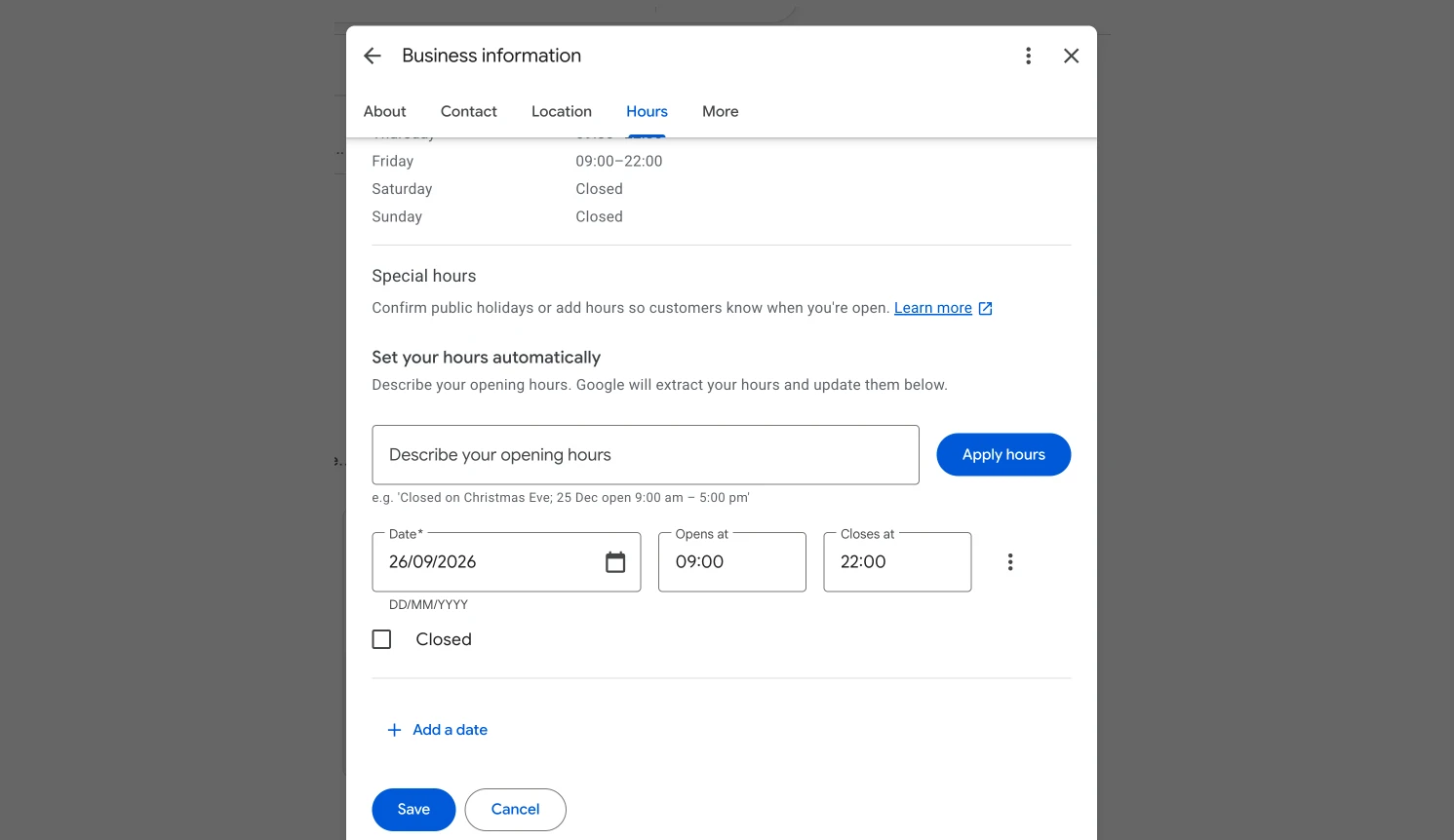 Google Business Profile Hours tab with the Special hours section, date picker, and opening and closing times
