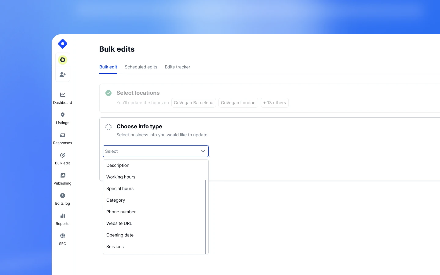 Bulk-editing Google Business Profile info fields across multiple locations in Localith