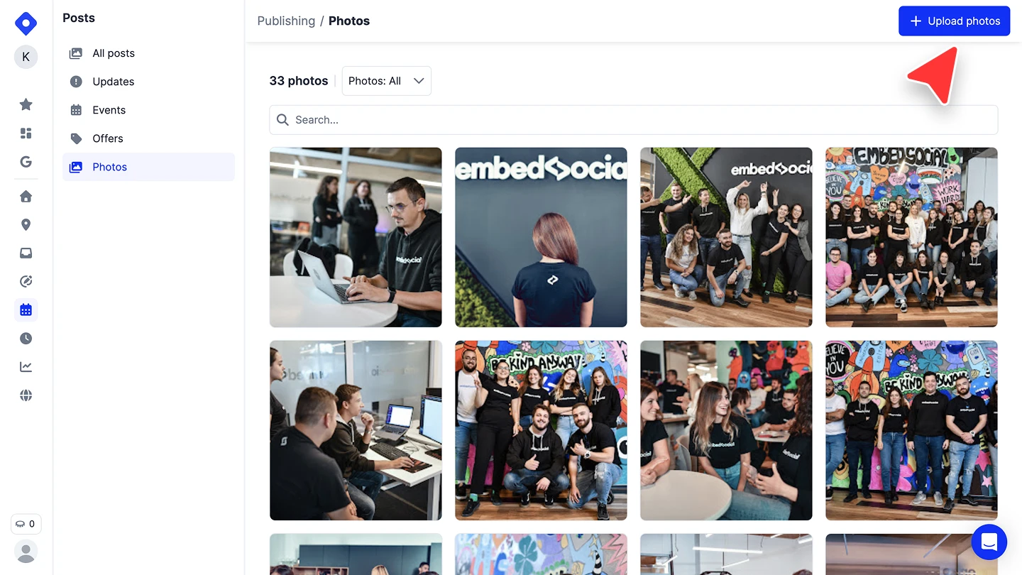 The Photos library in Localith with the Upload photos button, the entry point for pushing images to every selected Google Business Profile location in one pass