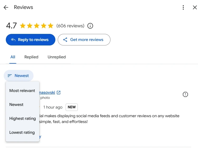 Google Business Profile review filters limited to star-rating and reply status in the native manager