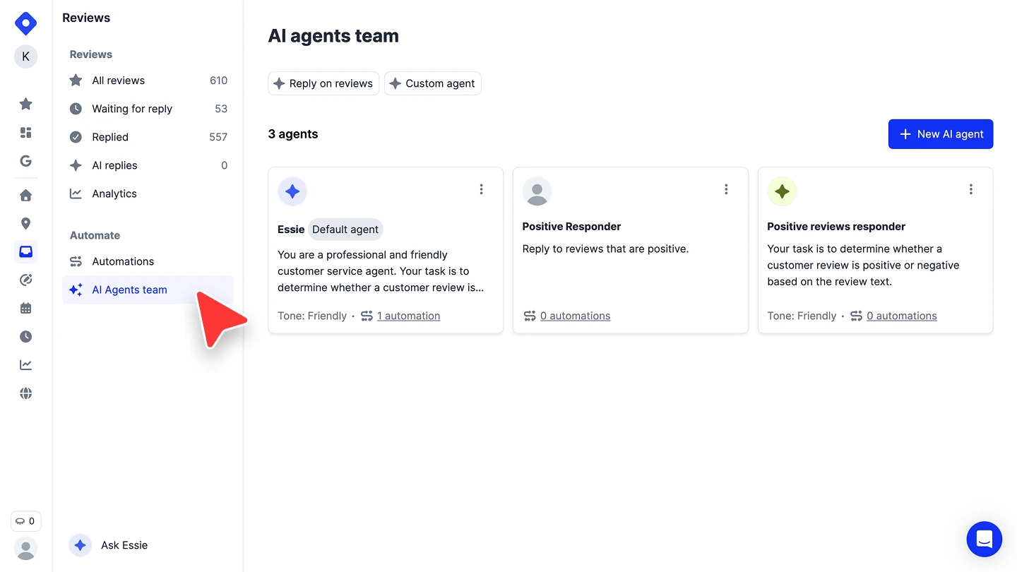 Localith’s AI Agents team page, showing the default Essie agent next to two custom review-reply agents and the New AI agent button