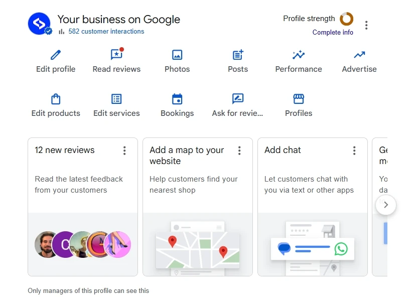 Google Business Profile dashboard opened from Google Search after signing in as the business owner