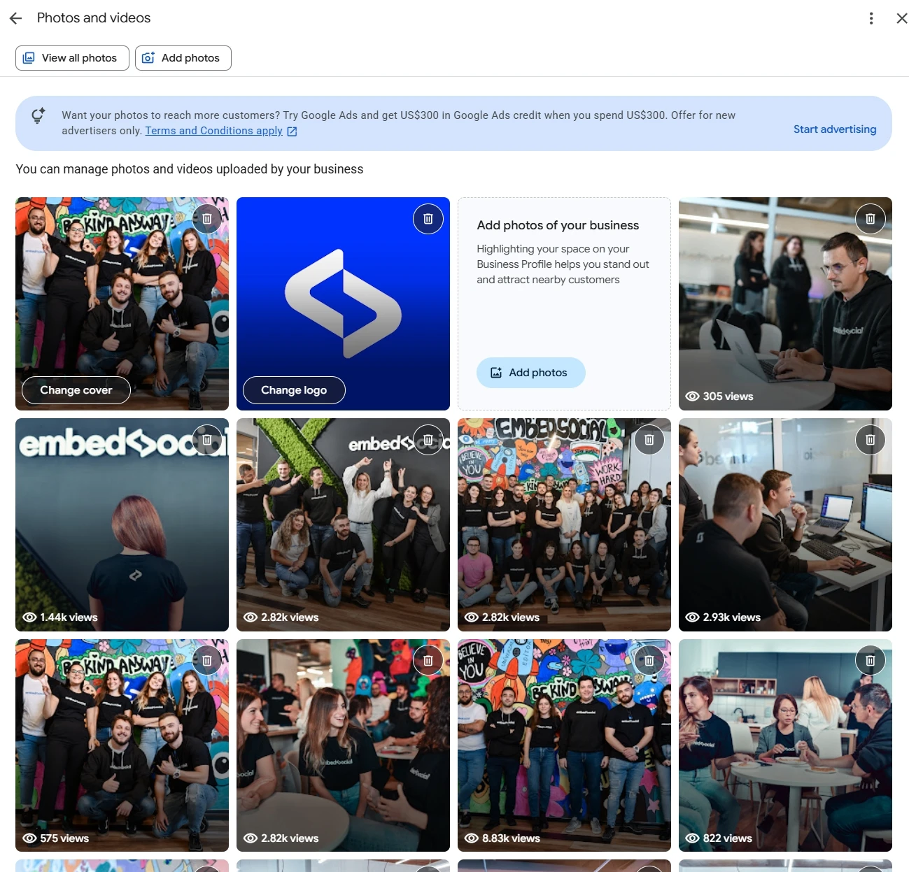 Google Business Profile Photos and videos section with the Add photos button visible