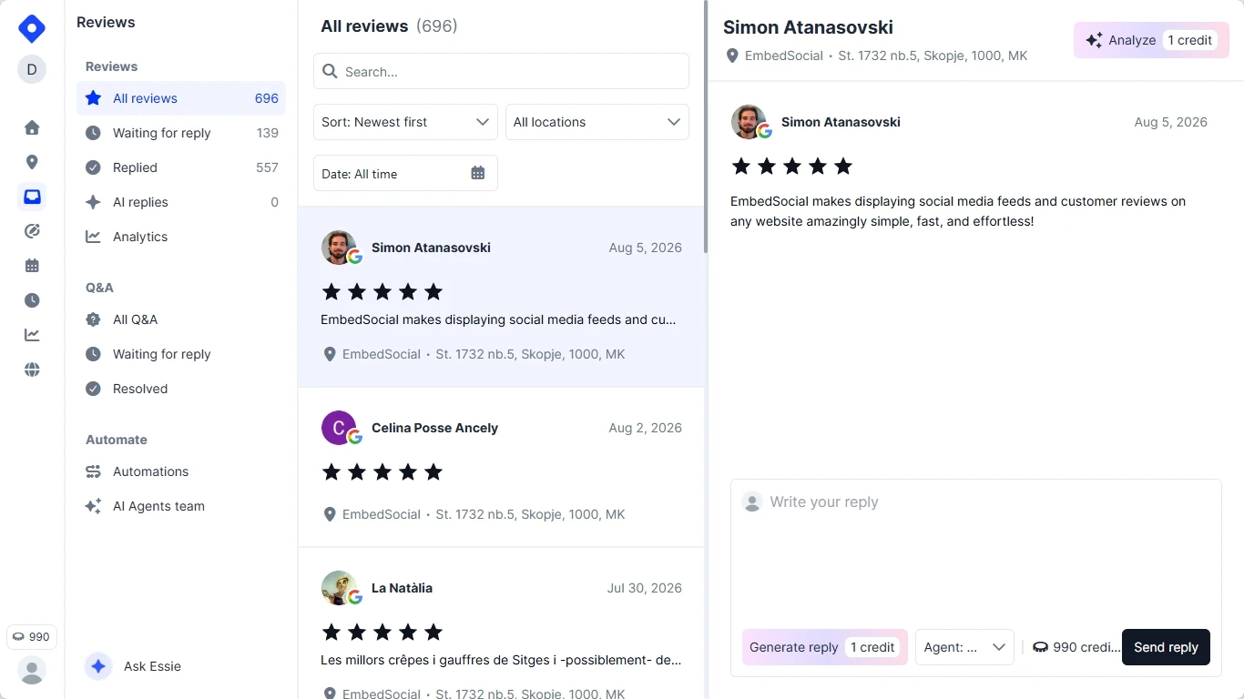 Localith’s All reviews section with search and filters across every location’s Google reviews
