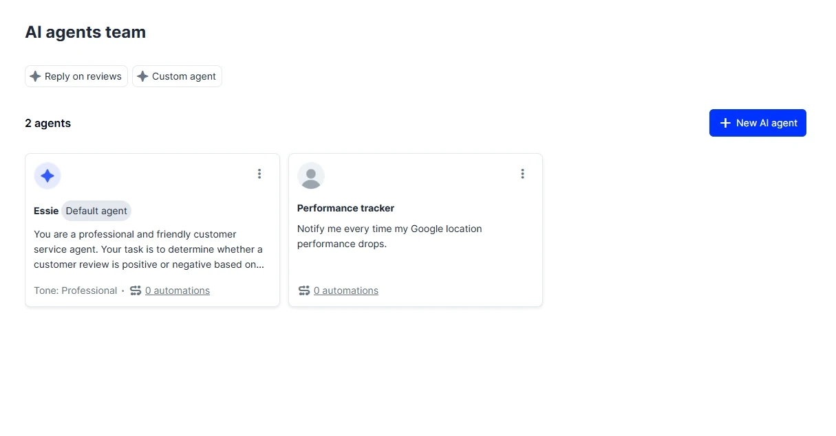 Localith’s Automations section showing rules that trigger AI Agents on Google Business Profile events