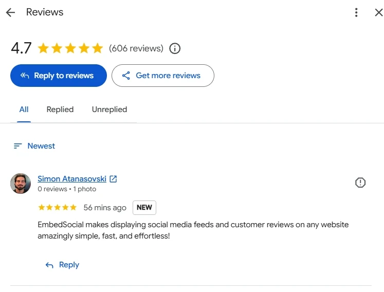 Reading a Google review inside the native Google Business Profile manager, where every reply is manual