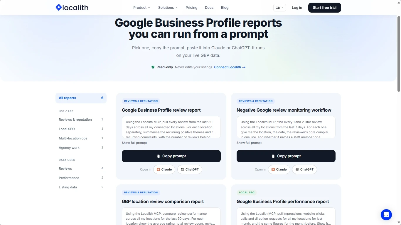 Screenshot of the Localith Google Business Profile report prompt library showing report cards with copy prompt and open in Claude or ChatGPT buttons