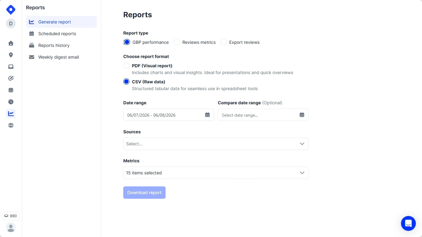 Screenshot of the Localith Reports section showing GBP performance, Reviews metrics, and Export reviews report types with PDF and CSV format options