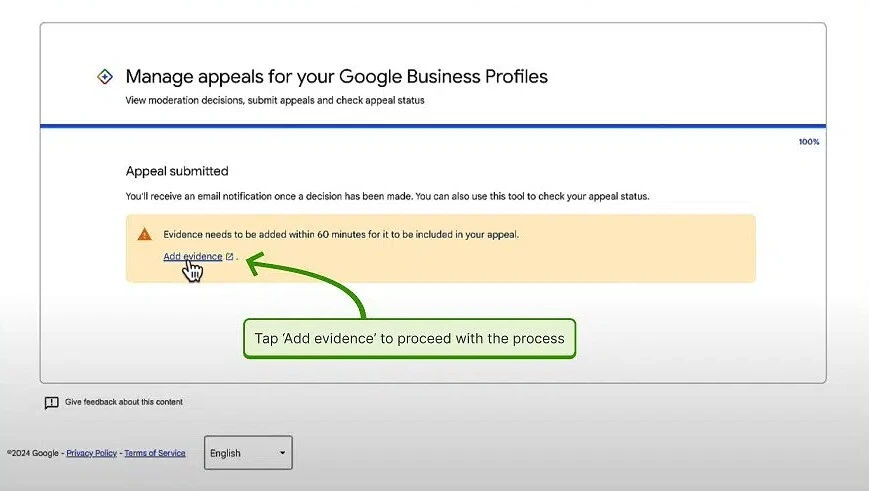 Google Business Profile evidence form showing supporting documents ready to submit