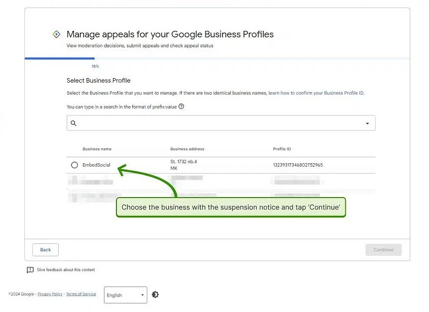 Google Business Profile appeals tool showing the affected business selector