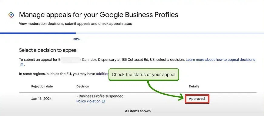 Google Business Profile appeals tool showing the current appeal status