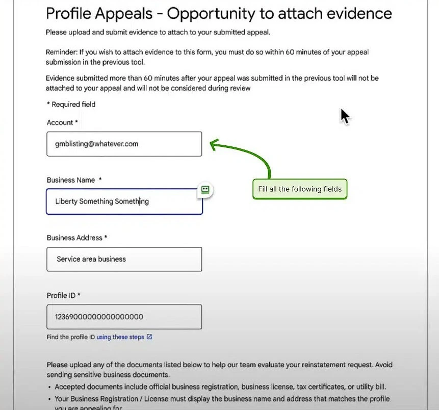 Google Business Profile evidence form with fields for business details and supporting context