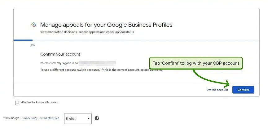 Google Business Profile appeals tool sign-in screen