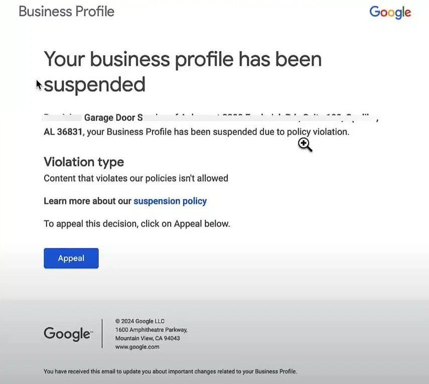 Google Business Profile suspension email notice identifying a policy violation