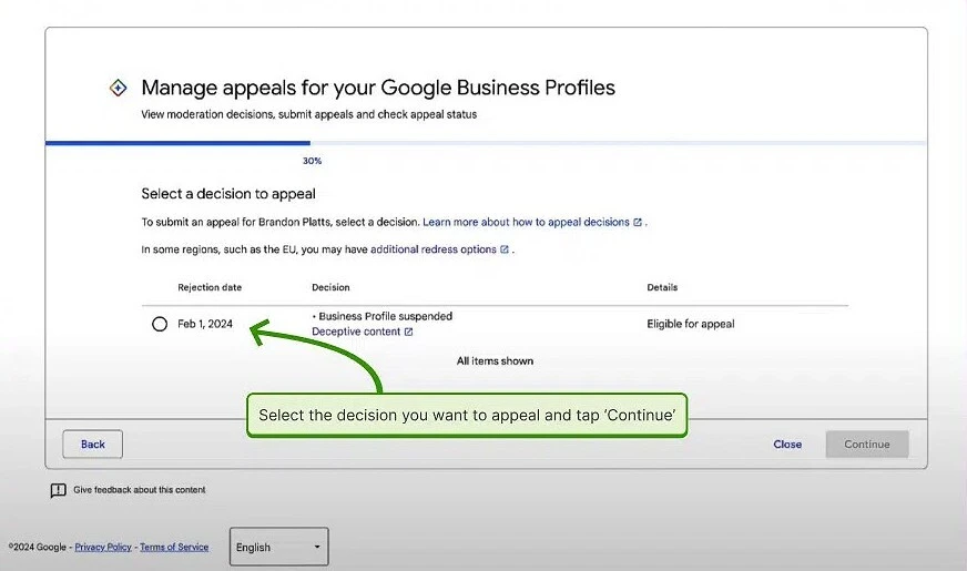 Google Business Profile appeals tool showing the decision available to appeal
