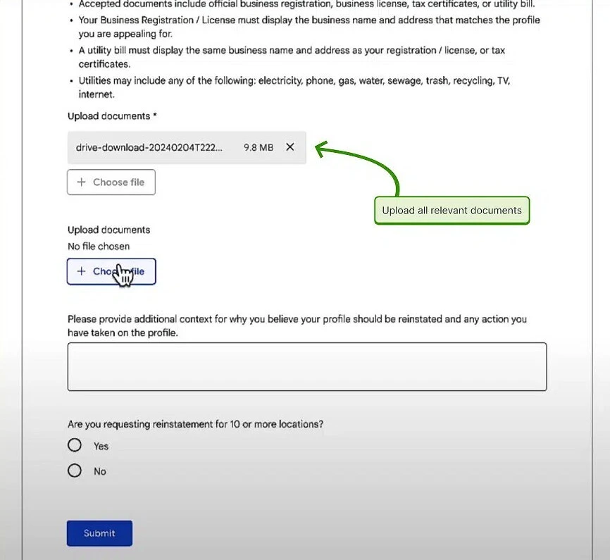 Google Business Profile appeal screen prompting the user to add evidence