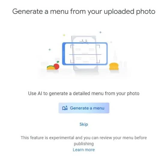 Screenshot of the AI menu tool adding a menu to a Google Business Profile