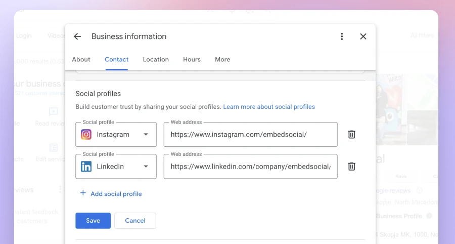 Screenshot of adding social media profiles to a Google Business Profile