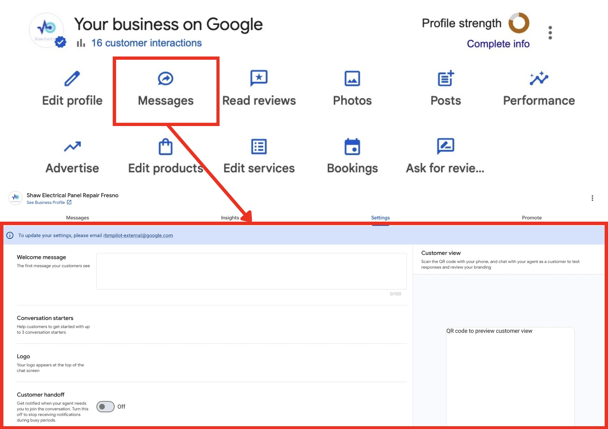 Screenshot of the new Google Business Profile messaging interface with a built-in AI chatbot