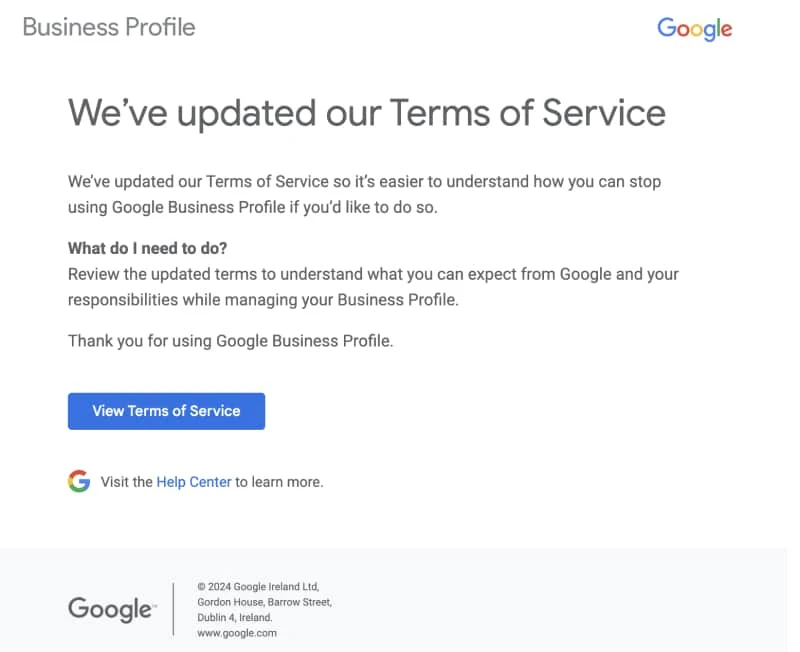 Screenshot of the updated Google Business Profile terms of service