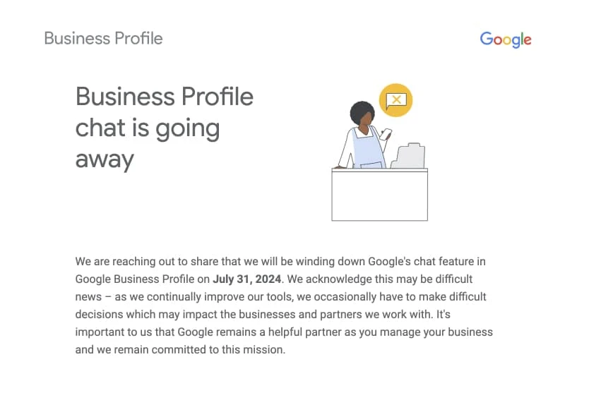 Screenshot of the Google Business Profile chat shutdown notice