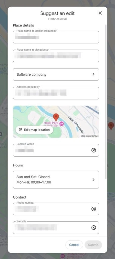 Screenshot of editing a business location pin on Google Maps