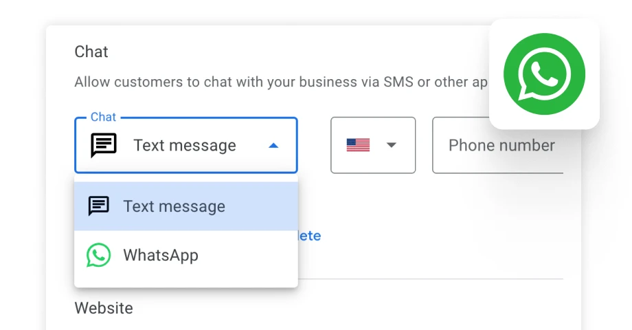 Screenshot of adding a WhatsApp chat option on a Google Business Profile