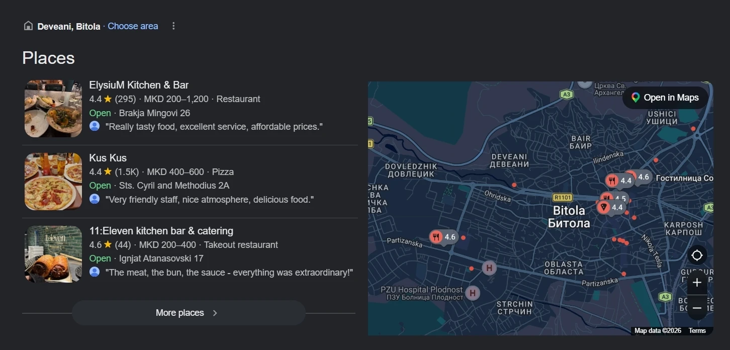 Google Local Pack showing three restaurant listings beside a map