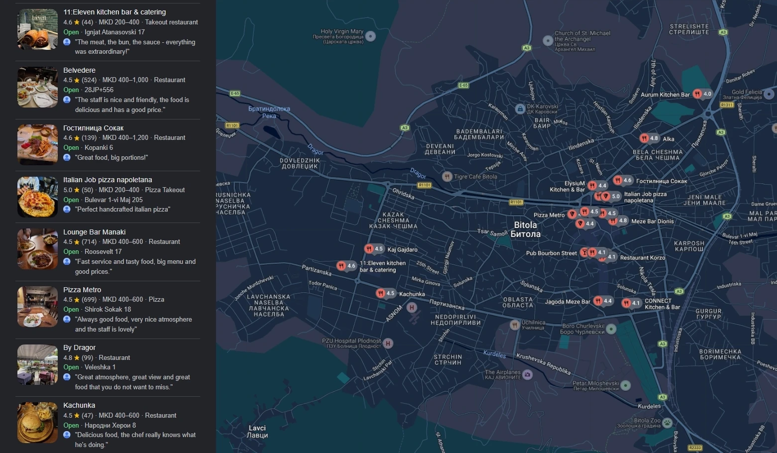 Google Local Finder expanded view with restaurant results on a map