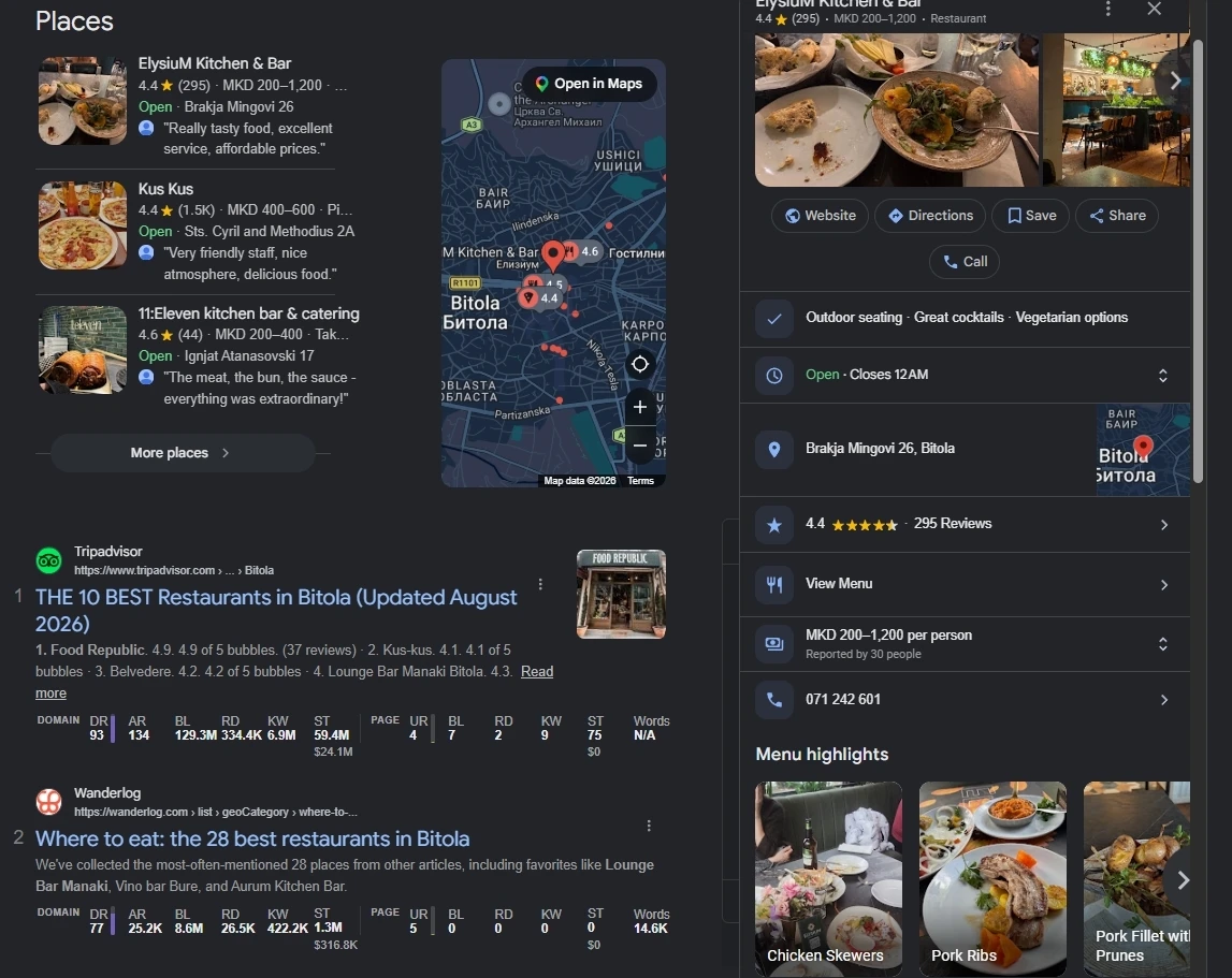 Expanded Google Local Pack listing with business details and action buttons