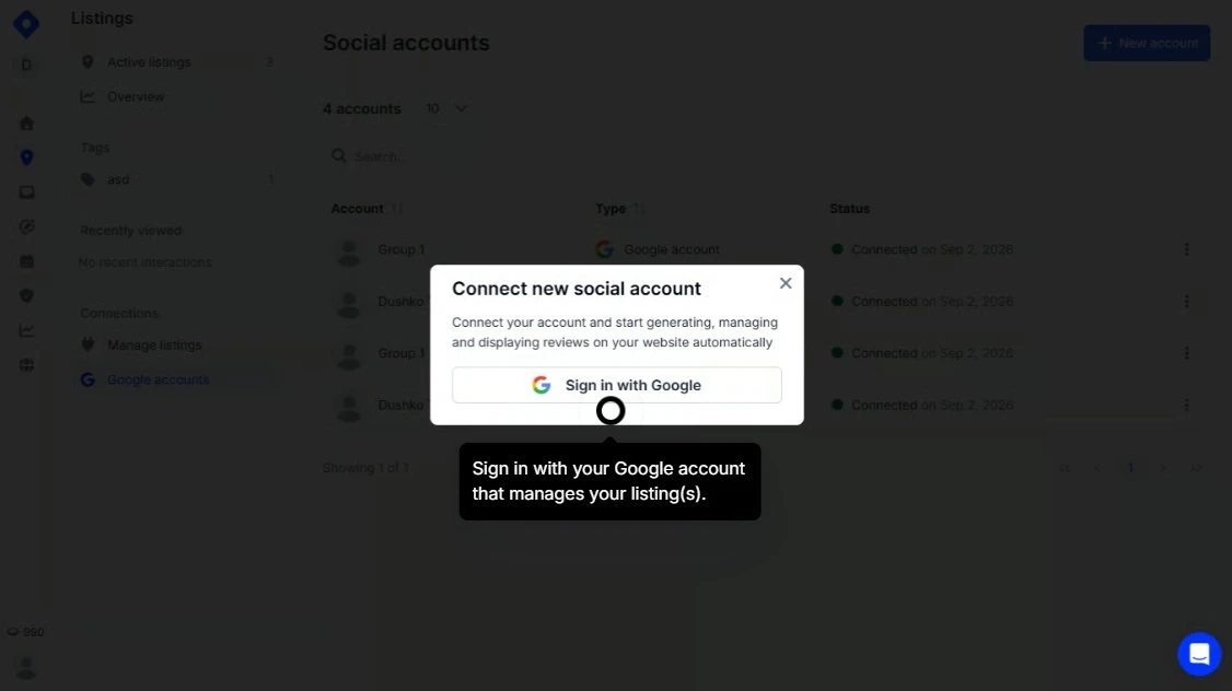 Finestra Localith per collegare l’account Google che gestisce le sedi