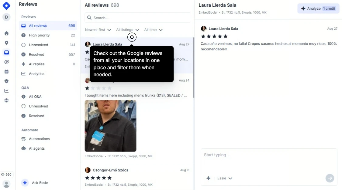 Dashboard di tutte le recensioni Localith con filtri
