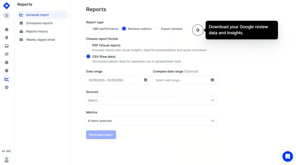 Schermata dei report per scaricare metriche e dati delle recensioni