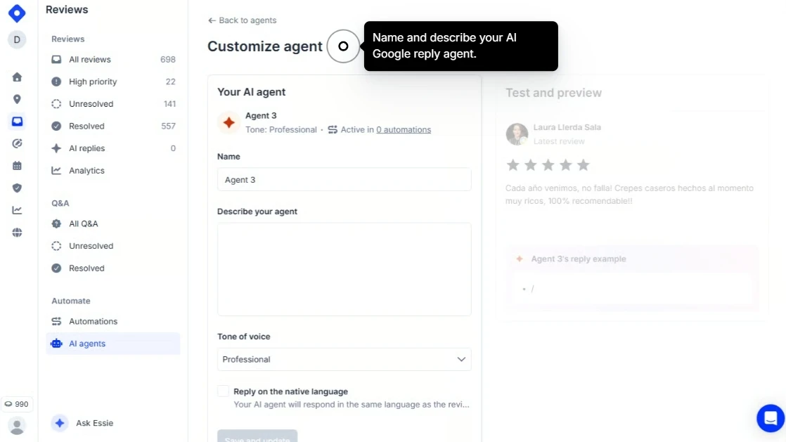 Schermata per configurare un agente IA di risposta alle recensioni Google