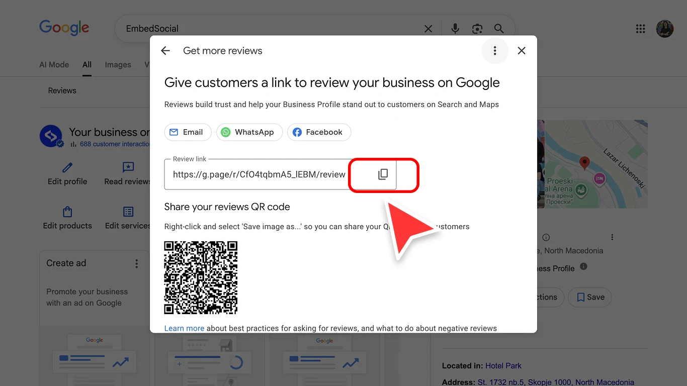 Copying the Google review form link so customers can open the review form directly