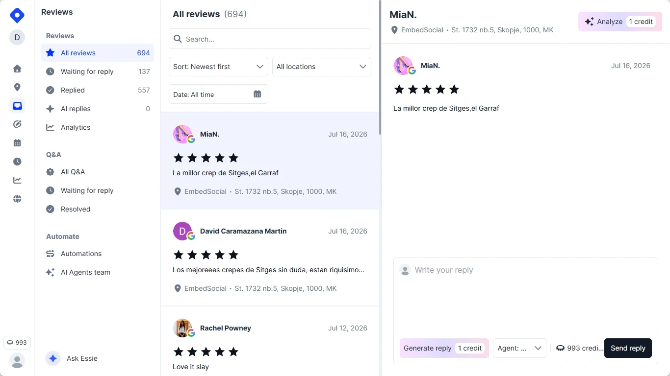 Localith reviews inbox showing feedback from every connected Google Business Profile location in one view