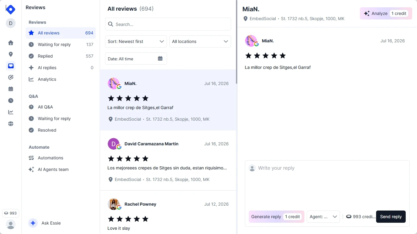 Localith ‘All reviews’ inbox showing feedback and a reply panel across a connected Google Business Profile location