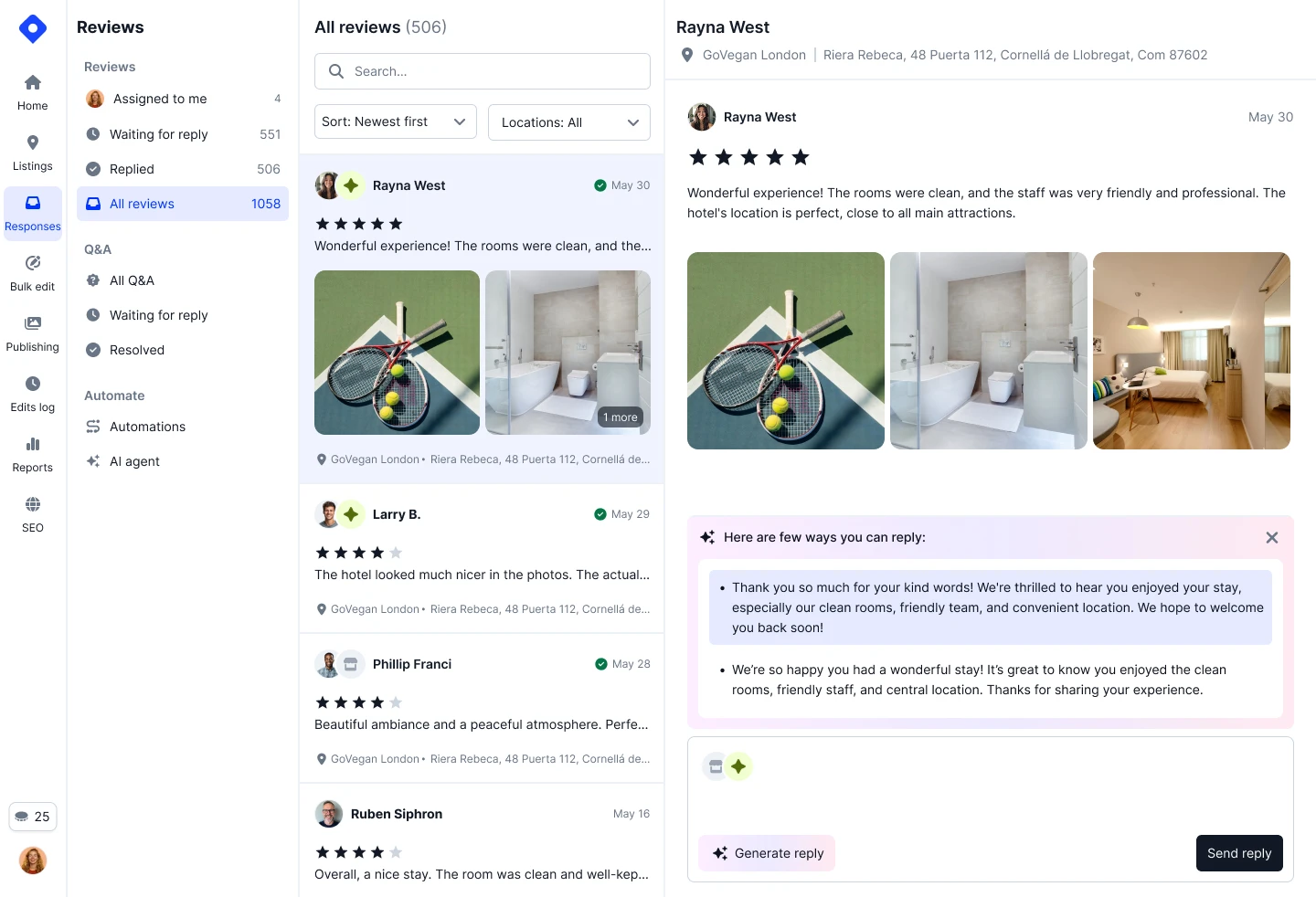 Screenshot of the Localith AI Agents team screen for setting up an agent that replies to Google reviews