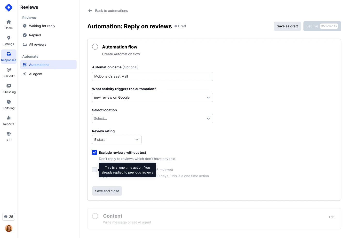 Screenshot of the Localith Automations screen where you configure review reply triggers and assign an AI agent