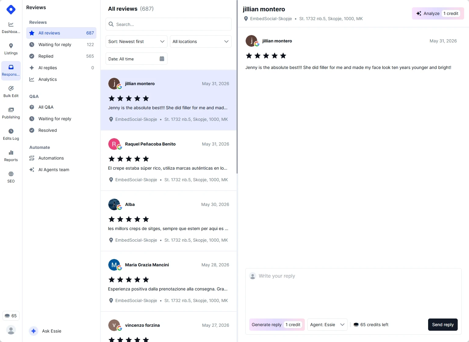Screenshot of the Localith Reviews inbox showing positive Google reviews by location with AI-generated reply drafts.