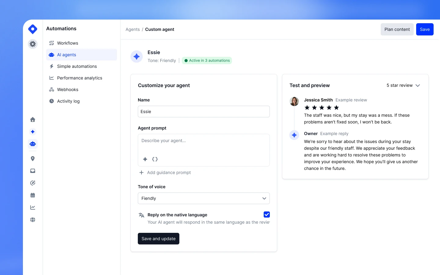 AI Agent option selected during the first agent setup, ready to configure review automation